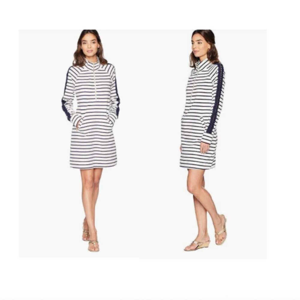 Lilly Pulitzer 1/2-Zip Popover Dress Large Navy/White Stripe Crochet Sleeves EUC